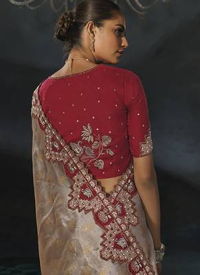 chiku tanchoi silk blend saree with jari thread moti and cut dana heavy hand work 4