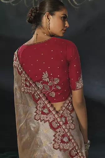chiku tanchoi silk blend saree with jari thread moti and cut dana heavy hand work