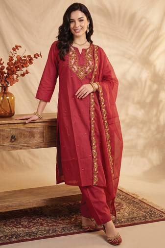 Maroon embroidered silk blend kurta trouser dupatta set