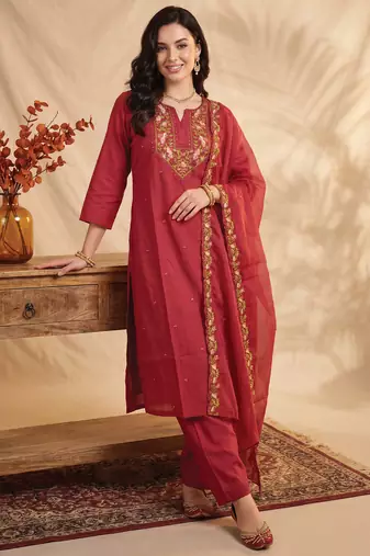 Maroon embroidered silk blend kurta trouser dupatta set