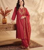 Maroon embroidered silk blend kurta trouser dupatta set