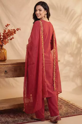 Maroon embroidered silk blend kurta trouser dupatta set