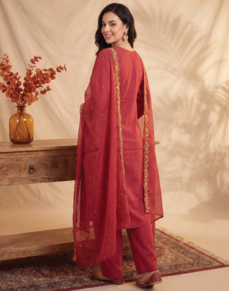 Maroon embroidered silk blend kurta trouser dupatta set