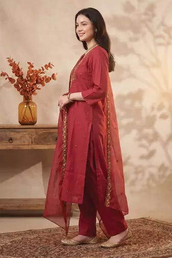 Maroon embroidered silk blend kurta trouser dupatta set