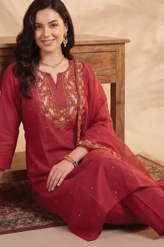 Maroon embroidered silk blend kurta trouser dupatta set