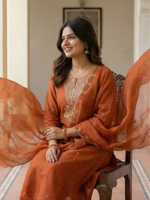 Orange embroidered silk blend kurta trouser dupatta set 1