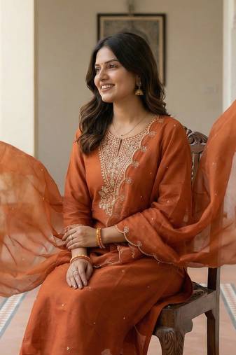 Orange embroidered silk blend kurta trouser dupatta set