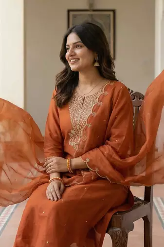 Orange embroidered silk blend kurta trouser dupatta set