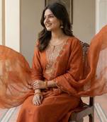 Orange embroidered silk blend kurta trouser dupatta set