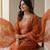 Orange embroidered silk blend kurta trouser dupatta set