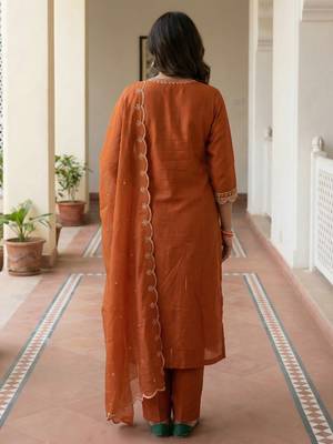 Orange embroidered silk blend kurta trouser dupatta set 2
