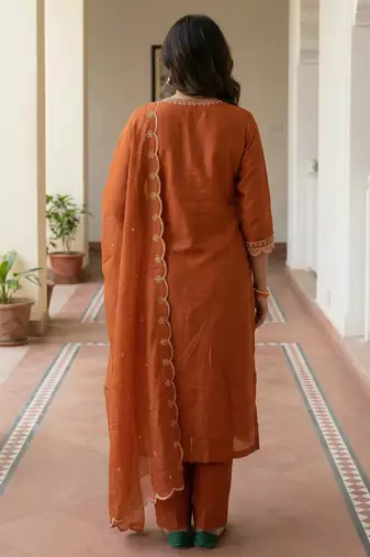 Orange embroidered silk blend kurta trouser dupatta set