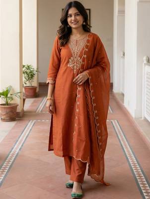 Orange embroidered silk blend kurta trouser dupatta set 3