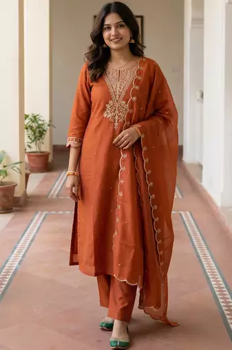 Orange embroidered silk blend kurta trouser dupatta set