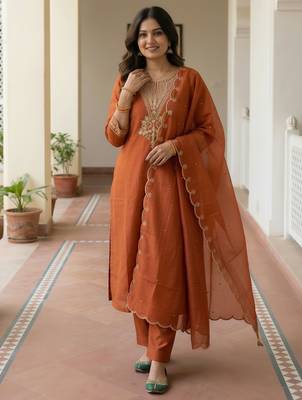 Orange embroidered silk blend kurta trouser dupatta set 4