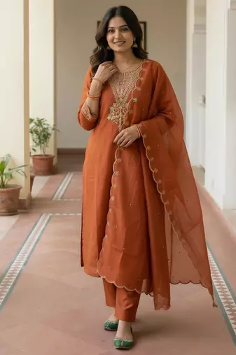 Orange embroidered silk blend kurta trouser dupatta set