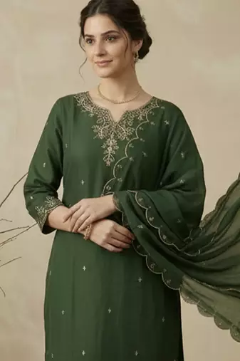 Green embroidered silk blend kurta trouser dupatta set