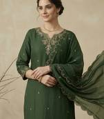 Green embroidered silk blend kurta trouser dupatta set