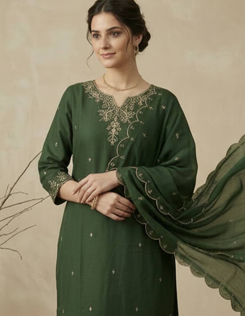 Green embroidered silk blend kurta trouser dupatta set