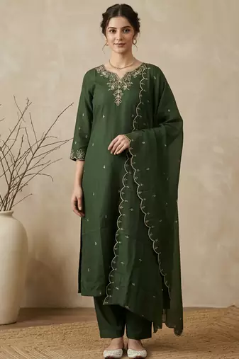 Green embroidered silk blend kurta trouser dupatta set