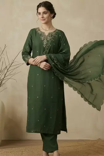 Green embroidered silk blend kurta trouser dupatta set
