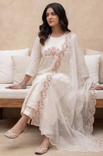 White embroidered silk blend kurta trouser dupatta set