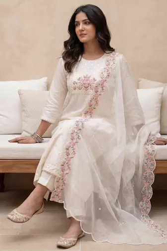 White embroidered silk blend kurta trouser dupatta set