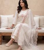 White embroidered silk blend kurta trouser dupatta set