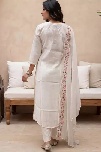 White embroidered silk blend kurta trouser dupatta set