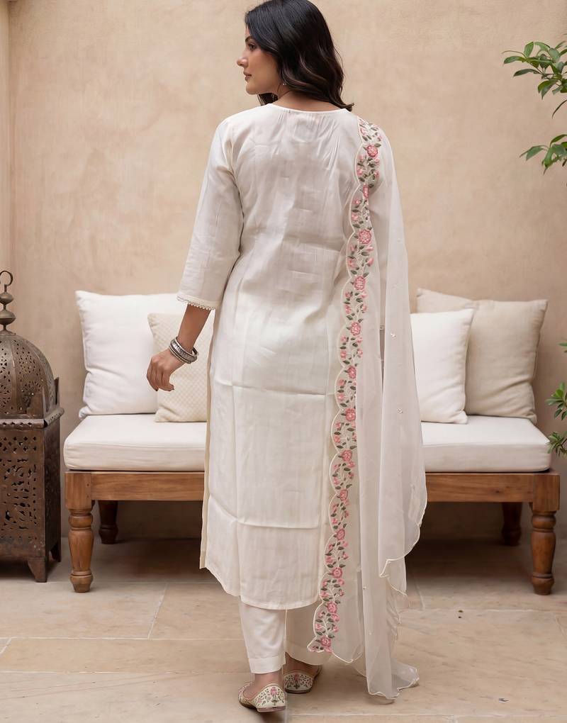White embroidered silk blend kurta trouser dupatta set