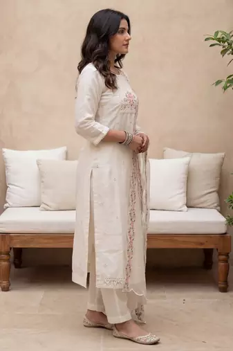 White embroidered silk blend kurta trouser dupatta set