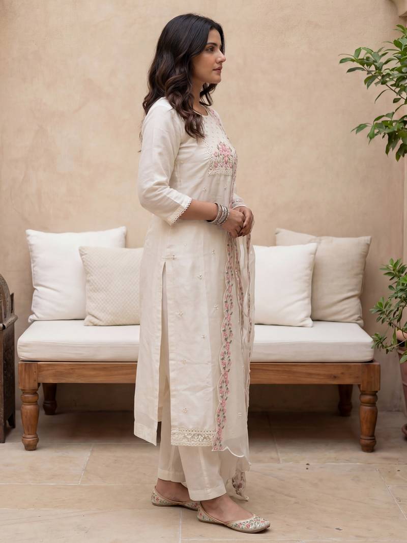 White embroidered silk blend kurta trouser dupatta set