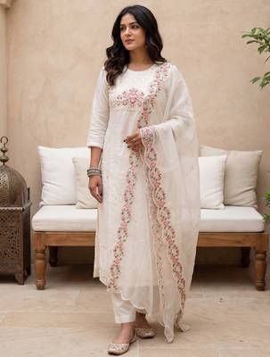 White embroidered silk blend kurta trouser dupatta set 4
