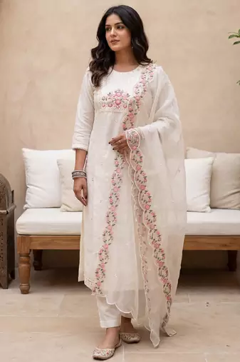 White embroidered silk blend kurta trouser dupatta set