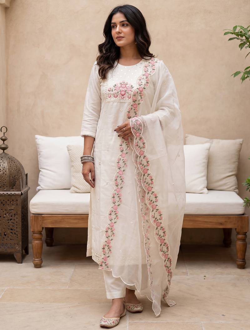 White embroidered silk blend kurta trouser dupatta set