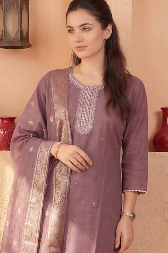 Mauve embroidered silk blend kurta trouser dupatta set