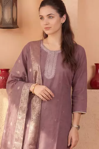 Mauve embroidered silk blend kurta trouser dupatta set