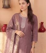 Mauve embroidered silk blend kurta trouser dupatta set
