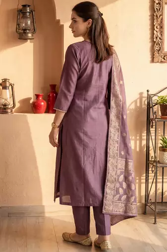 Mauve embroidered silk blend kurta trouser dupatta set