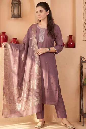 Mauve embroidered silk blend kurta trouser dupatta set