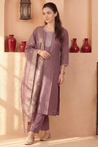 Mauve embroidered silk blend kurta trouser dupatta set