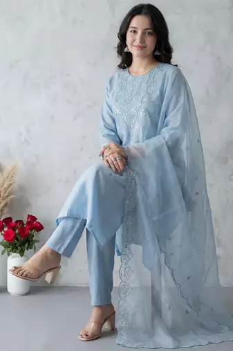 Blue embroidered silk blend kurta trouser dupatta set