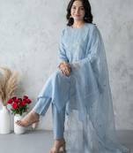 Blue embroidered silk blend kurta trouser dupatta set
