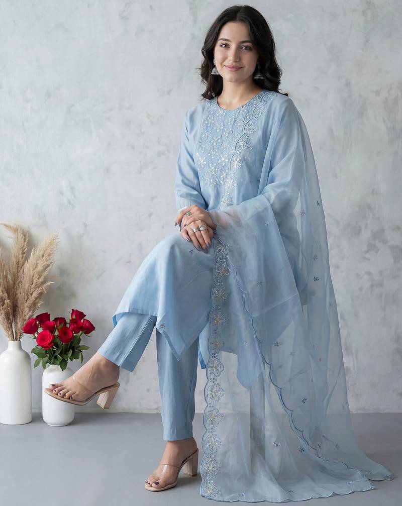 Blue embroidered silk blend kurta trouser dupatta set