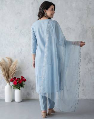 Blue embroidered silk blend kurta trouser dupatta set 2