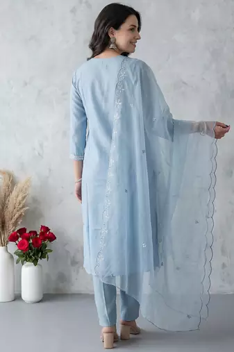 Blue embroidered silk blend kurta trouser dupatta set
