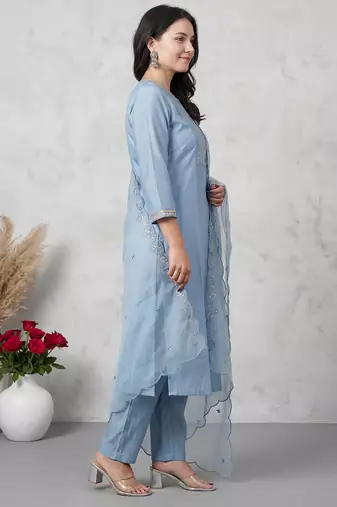 Blue embroidered silk blend kurta trouser dupatta set