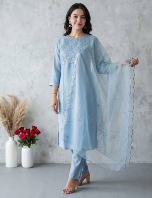 Blue embroidered silk blend kurta trouser dupatta set 4