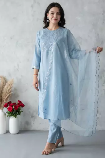 Blue embroidered silk blend kurta trouser dupatta set
