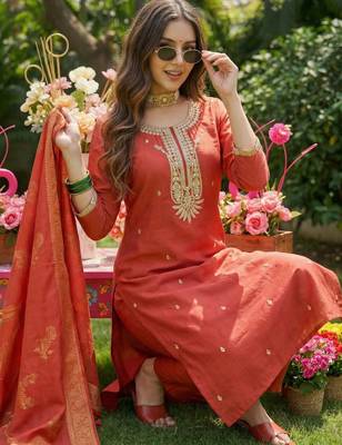Orange embroidered silk blend kurta trouser dupatta set 1